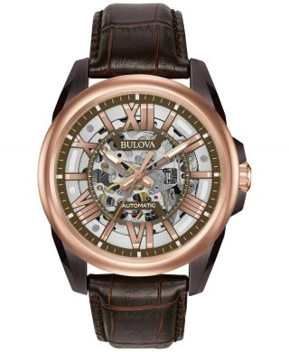 Bulova Automatic Skeleton Dial Stainless Steel Leather Strap Men 