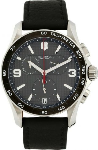 Victorinox Swiss Army Watch Chronograph 241657 Black Leather St.  Steel Dial $625