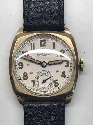 Vintage Rotary 9ct Gold 1942 Swiss 15j 440 Cushion Mens Wrist Watch 24hr Dial