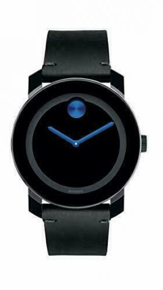 Black Movado Stainless Steel Leather Mens Watch
