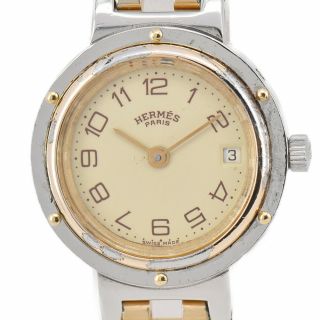 Auth Hermes Clipper Gold Plated/stainless Date Quartz Women 