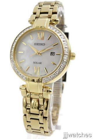 Seiko Women Mother Of Pearl Gold Tone Crystals Date Solar Watch Sut182 $475