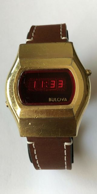 Vintage Bulova Computron Led Watch Water Resistant Steel Case N6 Gold Plated