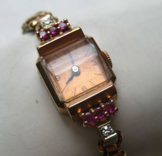 Vintage Art Deco Nicolet 14k Rose Gold Diamond Ruby 17 Jewel Ladies Wrist Watch