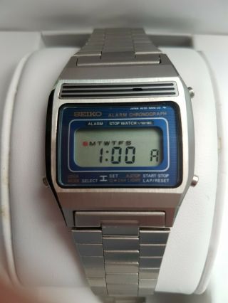 Seiko A639 - 5000 Lcd Digital Vintage Watch 1980 Silver Stainless Alarm Blue Face