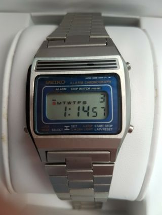 Seiko A639 - 5000 LCD Digital Vintage Watch 1980 Silver Stainless Alarm blue face 3