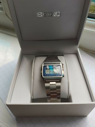 Seiko A639 - 5000 LCD Digital Vintage Watch 1980 Silver Stainless Alarm blue face 5