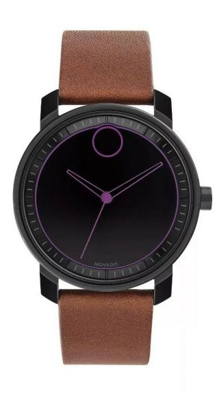 Nwtmovado Bold Blk Dial Stainless Steel Brown Leather Strap Mens Watch 3600488