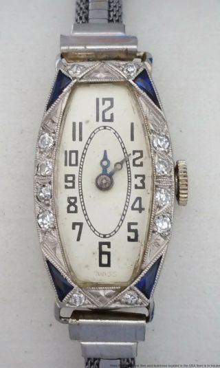 Vintage Art Deco 18k White Gold Diamond Sapphire Ladies Boston Watch Co