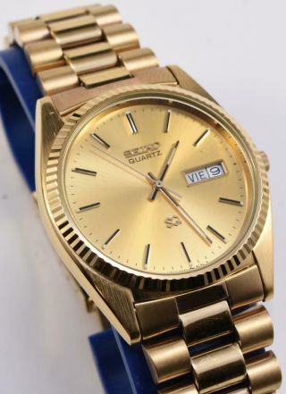 1980s NOS Seiko SQ 5Y23 8A60 8C4L Gold Bi - Polish Day Date Stainless Steel Watch 2