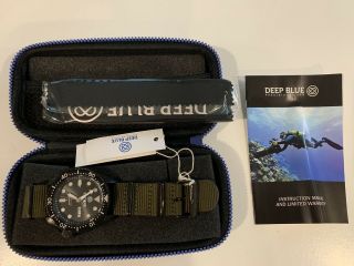 Deep Blue Nato Diver 300 Pvd Black With Olive Drab Green Strap Nwt