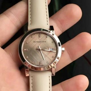 Burberry Watch Women Rose Gold Bu9131 Check Stamped Diamond Dial Leather Strap