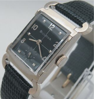 Bulova Black Dial Art Deco White Gold Filled Men Wrist Watch.  Great