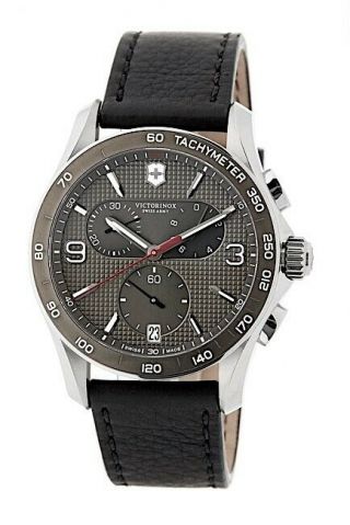 Victorinox Men Chrono Classic Slate Grey Dial Black Leather Strap Watch Nwb 625$