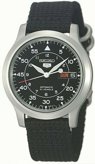 Seiko 5 Automatic Black Dial Military Style Canvas Strap Men’s Watch