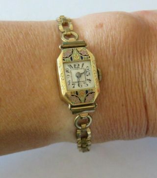 Vintage Art Deco Ladies 9ct Gold & Enamel Wrist Watch