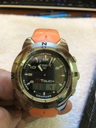 Tissot Touch Watch.  Orange Rubber Band.  Titanium Case With Sapphire Crystal
