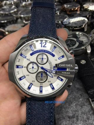 Men ' s Diesel DZ4511 Watch Mega Chief Chronograph Blue Denim CHRONO 6