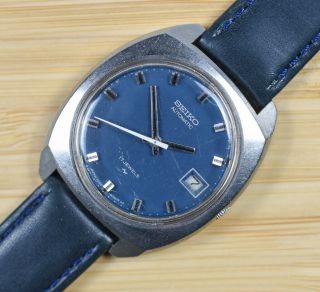 Vintage Seiko 7005 8042 Blue Dial Stainless Steel Automatic Date Watch Leather