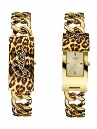 Guess Gold Tone Leopard Id Plaque,  Crystals Logo,  Link Bracelet Watch - U0321l5