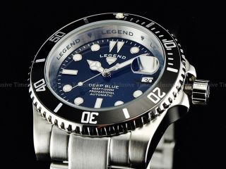 Legend Men Submariner Deep Blue Auto Sapphitek MidNight Black Dial SS Watch 2