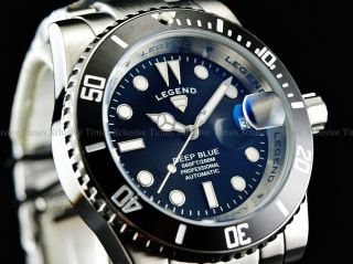 Legend Men Submariner Deep Blue Auto Sapphitek MidNight Black Dial SS Watch 3