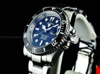 Legend Men Submariner Deep Blue Auto Sapphitek MidNight Black Dial SS Watch 6