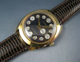 Vintage Timex Telephone Dial Hand Wind Gold Tone Mens Day Date Watch 1974