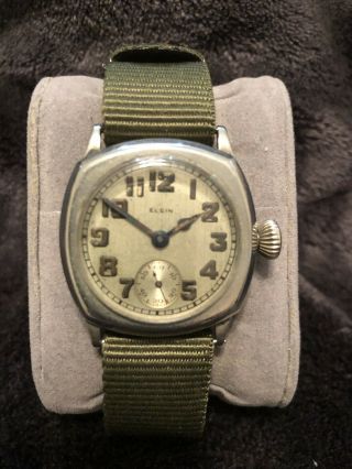 Vintage Post Wwi Elgin Military Trench Watch - 3/0 Cushion Case Runs