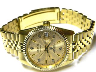 Mens Croton Automatic Self Winding 6 Real Diamond Date Gold Plated Dress Watch