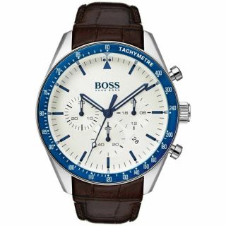 Hugo Boss Hb 1513629 Trophy White Dial Chronograph Leather Band Men 