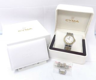 Cyma Mens Wrist Watch Stainless Steel 18k Gold Band Swiss Switzerland Signature
