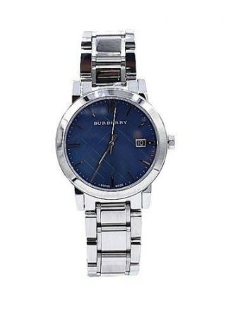 Burberry Watch Men Bu9031 Blue Check Stamp Dial Silver Stainless Steel Band 38mm