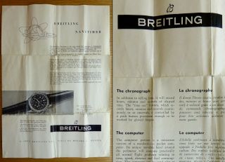 1953 - 55 Breitling Navitimer Aopa 806 Instruction Paper Set English.  Ultra Rare