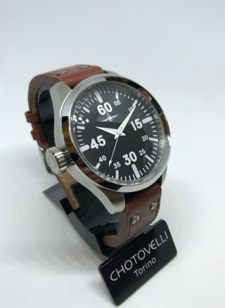 Chotovelli Mens Aviator Pilot Watch Luminous Italian Brown Leather Strap 52.  01