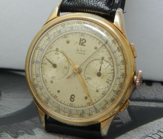 Large 40s Actua Chronograph Military Style Landeron 48 Vintage Gold Plated Watch