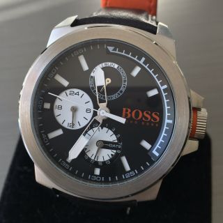 Mens Hugo Boss Designer Watch Twin Date Orange Black Leather Steel 2