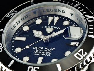 Legend Men Submariner Deep Blue Auto Sapphitek Midnight Black Dial Ss Watch