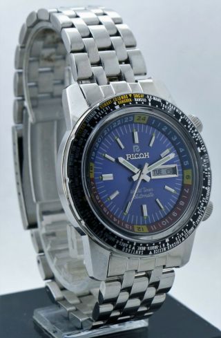 Rare Ricoh World Time Blue Dial Automatic 21 Jewels Day & Date Man 