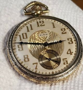 Stunning 1920s Art Deco Elgin Pocket Watch Two Tone Gold Filled Case