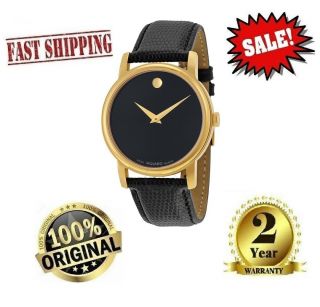 ✅ Movado Museum 2100005 Gold Classic Black Dial Leather Wrist Watch Men 