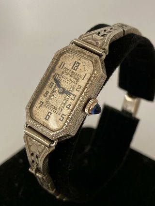 Antique Vintage Ladies Bulova 18k Solid White Gold Art Deco Watch Box
