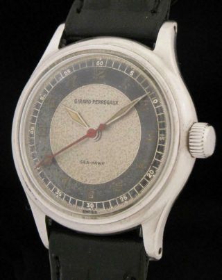 Rare Vintage 1940s Girard Perregaux Sea - Hawk Stainless Steel 2 - Tone Dial Watch