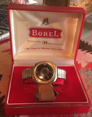 Stunning Vintage Ernest Borel Synchron Gold Black Kaleidoscope Dial Date Watch