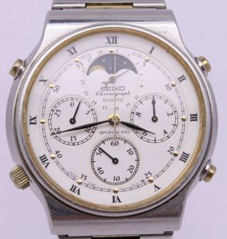 Vintage 1987 Seiko Sports 100 Quartz Chronograph Moonphase Mens Watch 7a48 - 7009