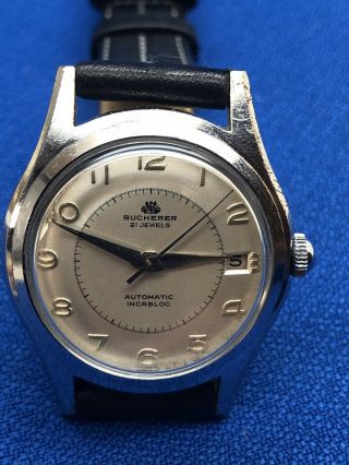 Vintage Bucherer 21 Jewel Automatic Men’s Wrist Watch With Rare Pie - Pan Dial
