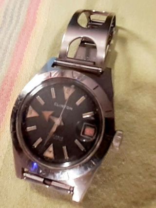 Vintage Clinton Diver Date Automatic Stainless Steel Case 17j Runs Cool Band