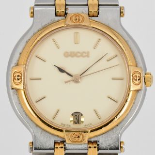 Auth Gucci 9000m Stainless Steel&gold Plated Date Quartz Men 