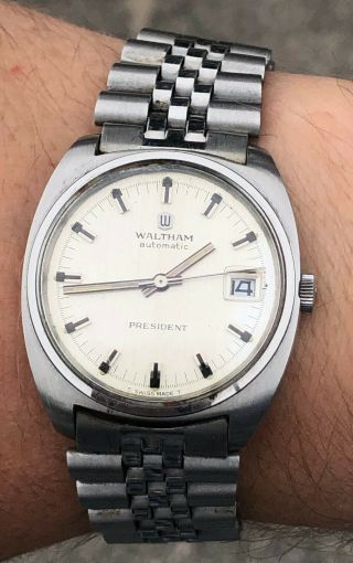 Rare Waltham President Stainless Steel Ss Automatic Date Wristwatch - -
