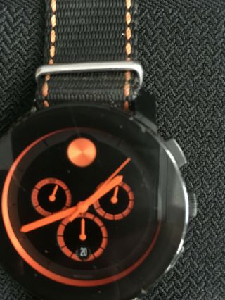 MOVADO BOLD Men ' s Chronograph Black Dial Day - Glo Orange Hands NATO Strap 3